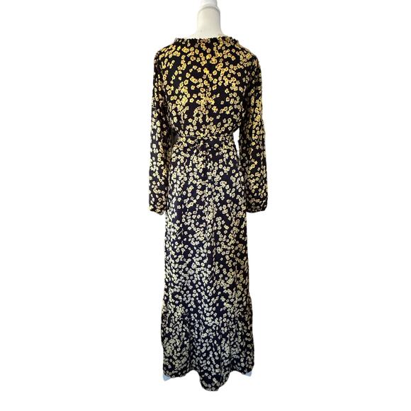 Black Maxi Flowy Dress Yellow Flowers Elastic Waist Tie Back Bow Ruffle Neck M - Picture 1 of 5